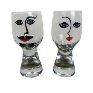 Vintage Kosta Boda Sea Glasbruk Man & Woman Face Glasses Barware MCM Solid Base
